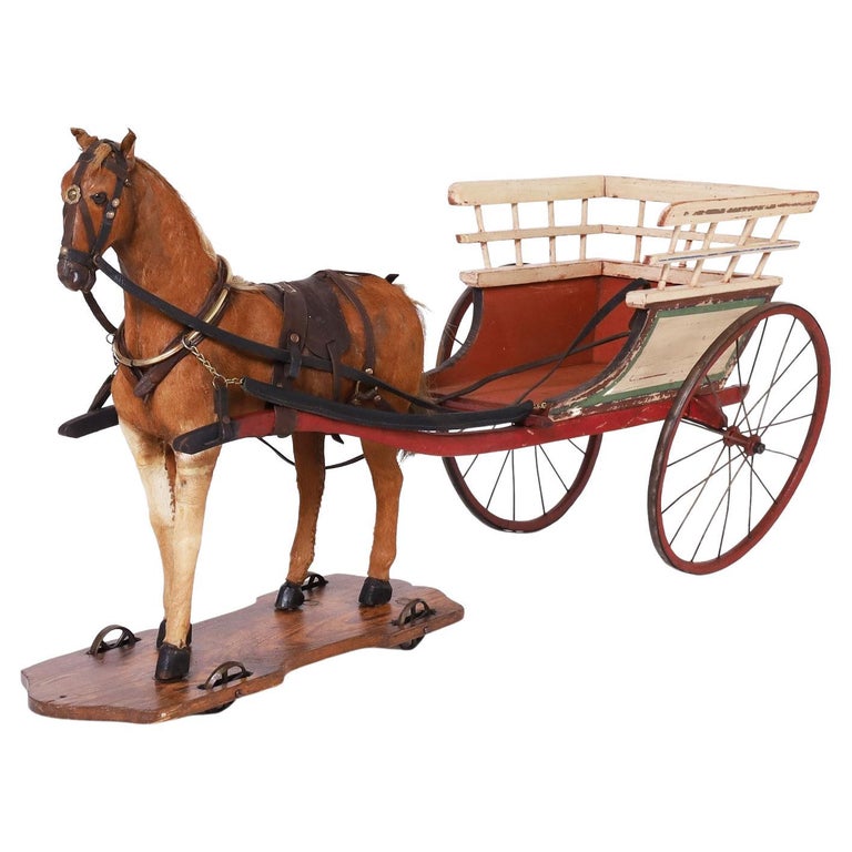 Large Vintage Toy Horse and Cart For Sale