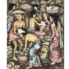 Large Vintage Traditional Green Market Painting by A. Raka of Petulu, Ubud, Bali