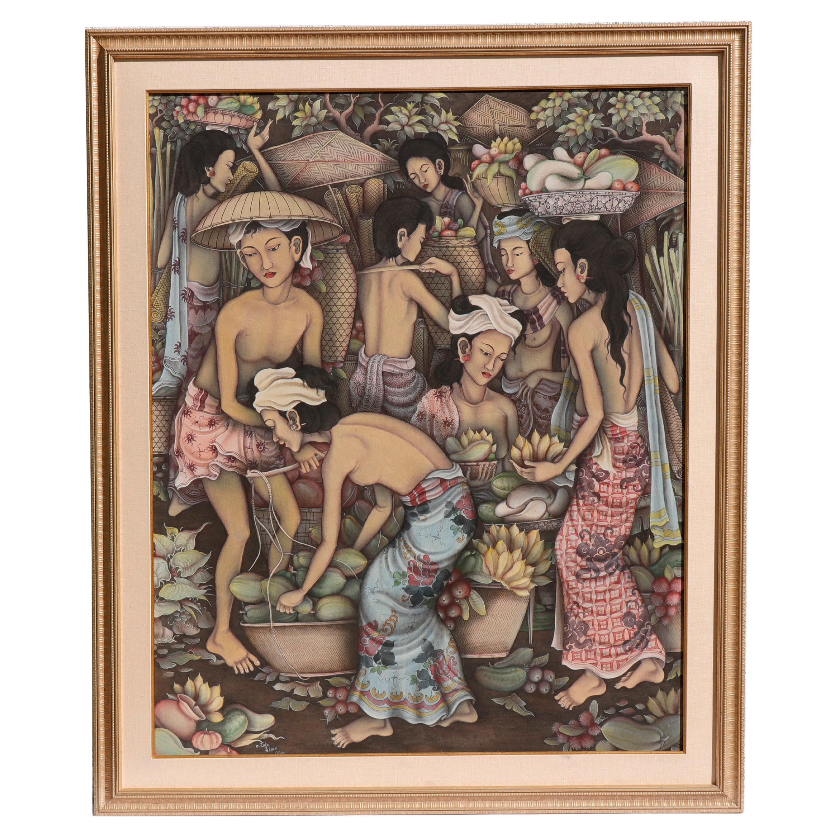 Grande peinture traditionnelle vintage de marché vert par A. Raka de Petulu, Ubud, Bali