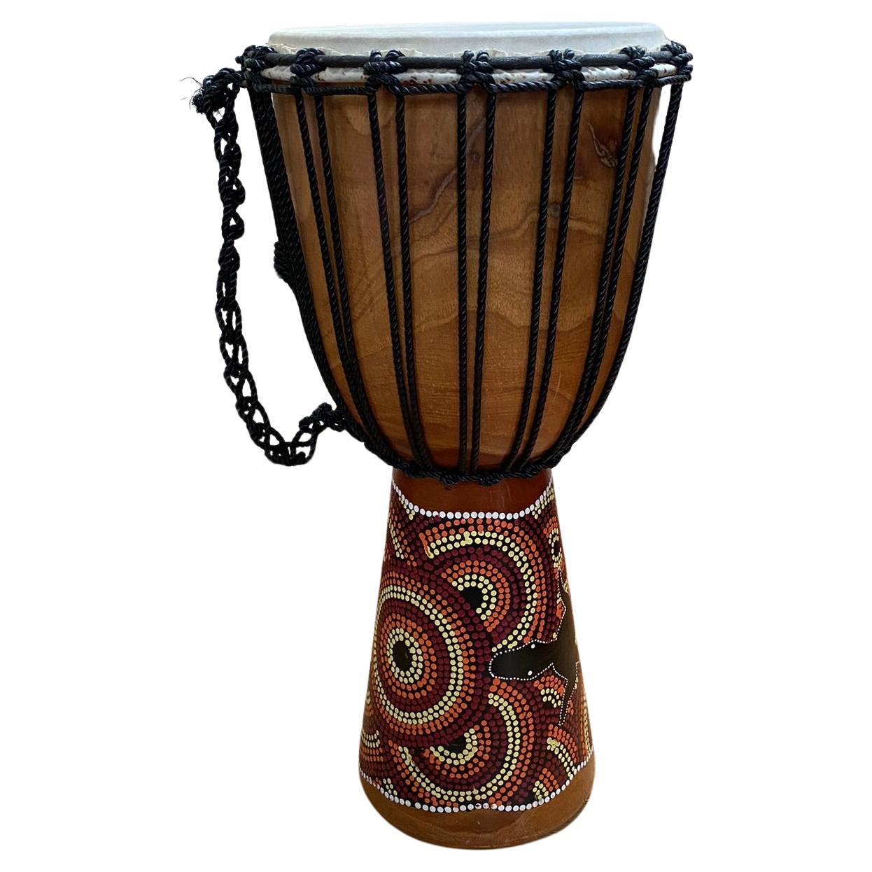 Large Vintage Traditional Wooden Bongo Drum  Hand Painted Boho Tribal Art For Sale