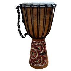 Large Used Traditional Wooden Bongo Drum  Hand Painted Boho Tribal Art