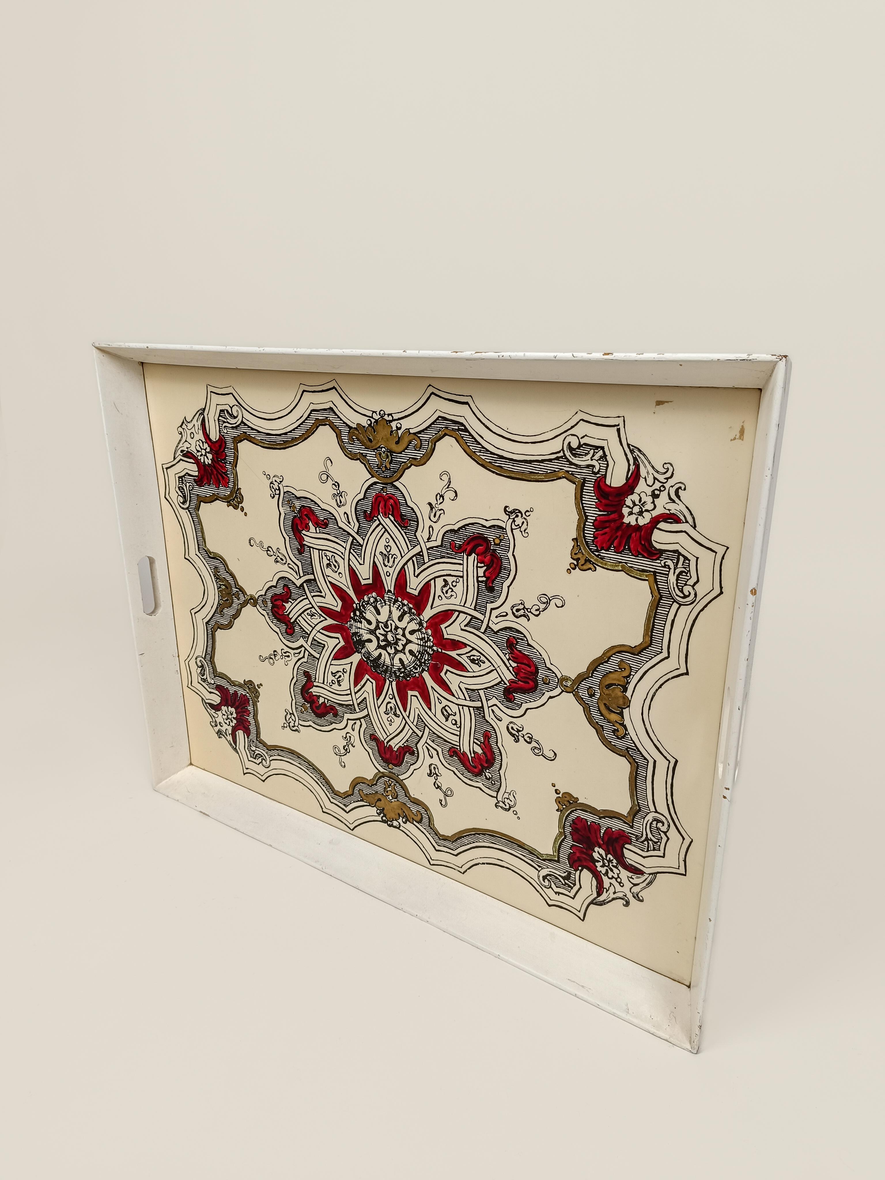 Italian Large Vintage Tray with Gothic Decorations in the Style of Piero Fornasetti For Sale