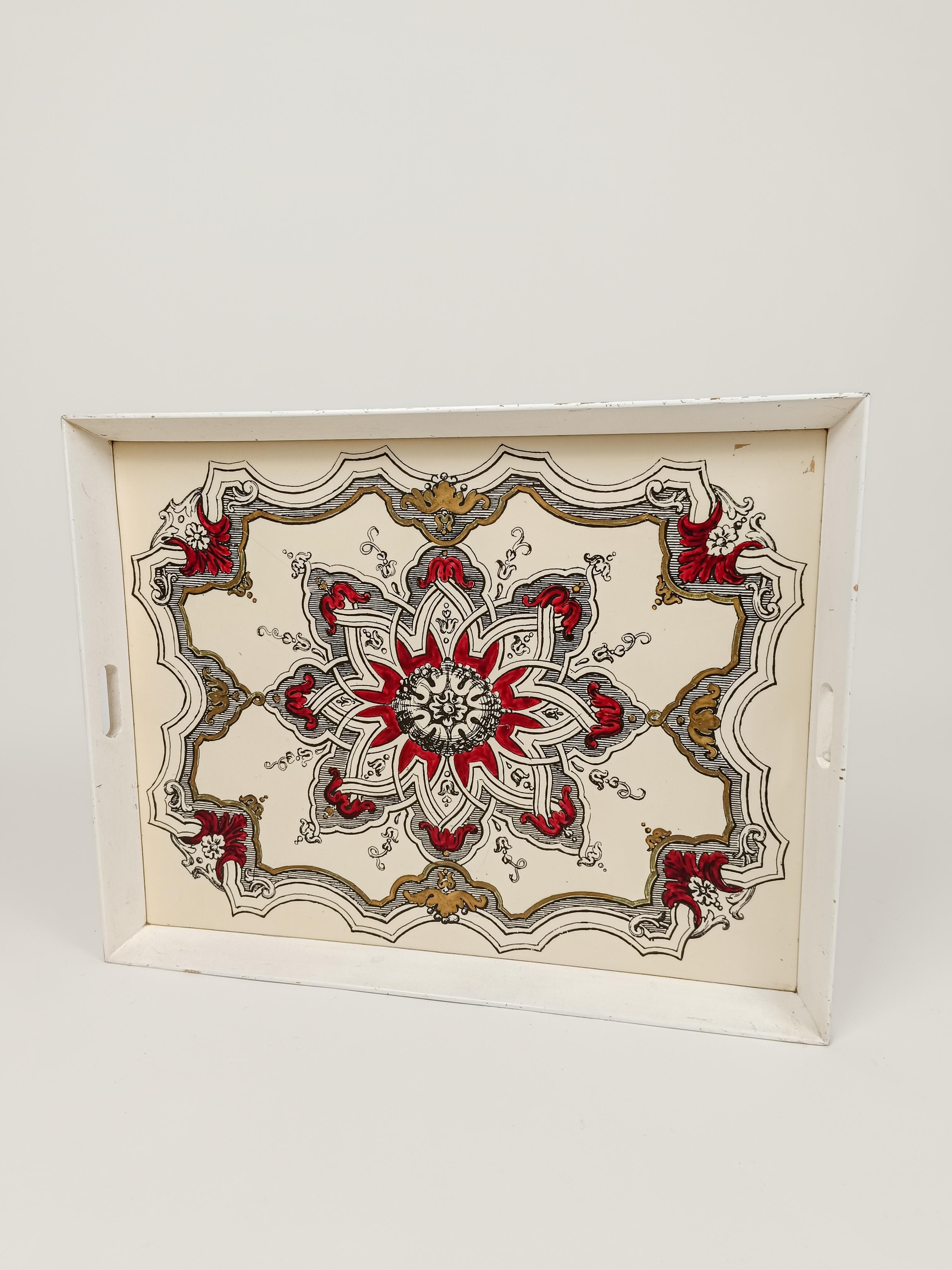 Plastic Large Vintage Tray with Gothic Decorations in the Style of Piero Fornasetti For Sale