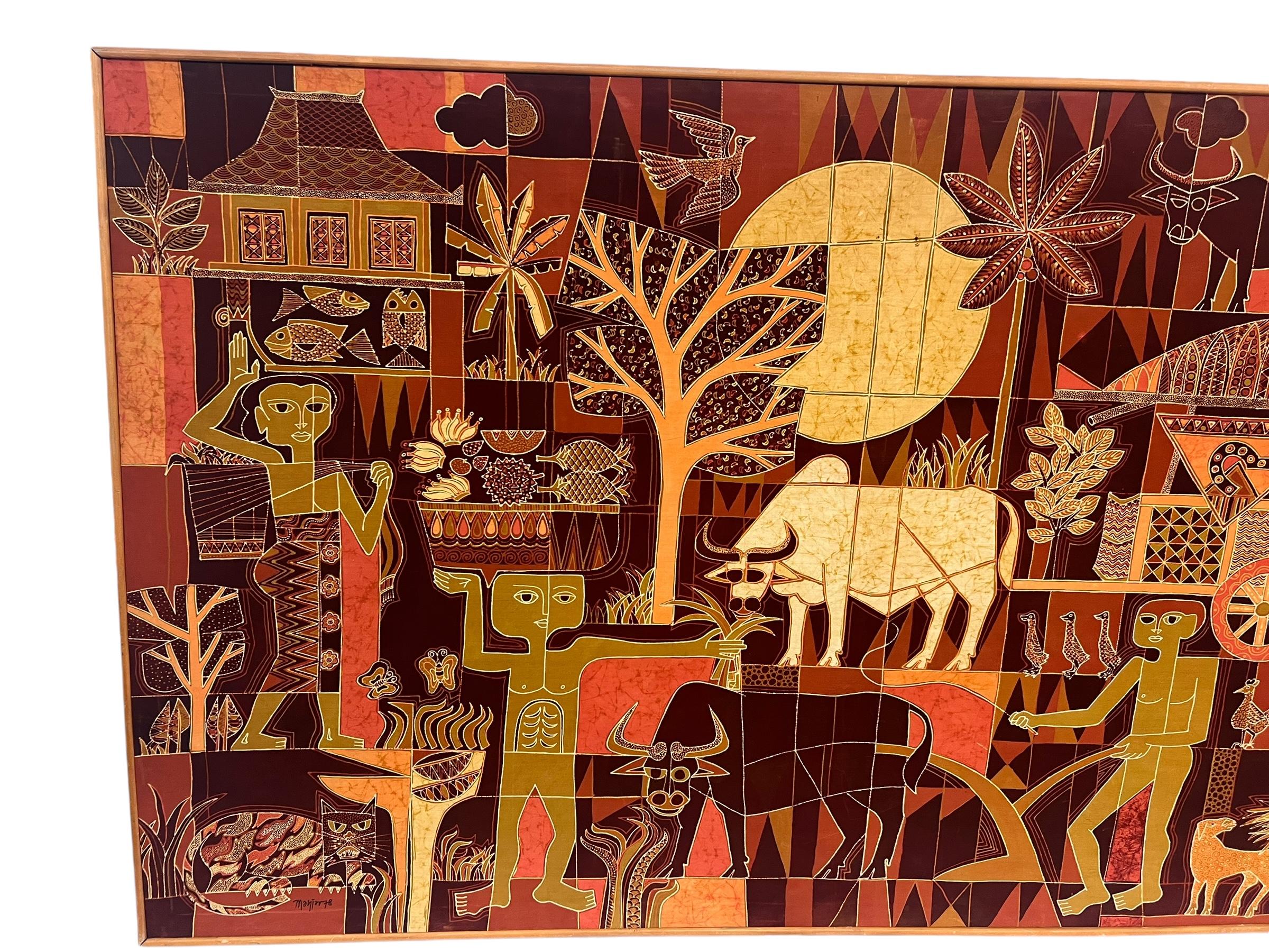 Large Vintage Tribal Folk Art Batik Fabric Painting Art with Mid Century Modern For Sale 5
