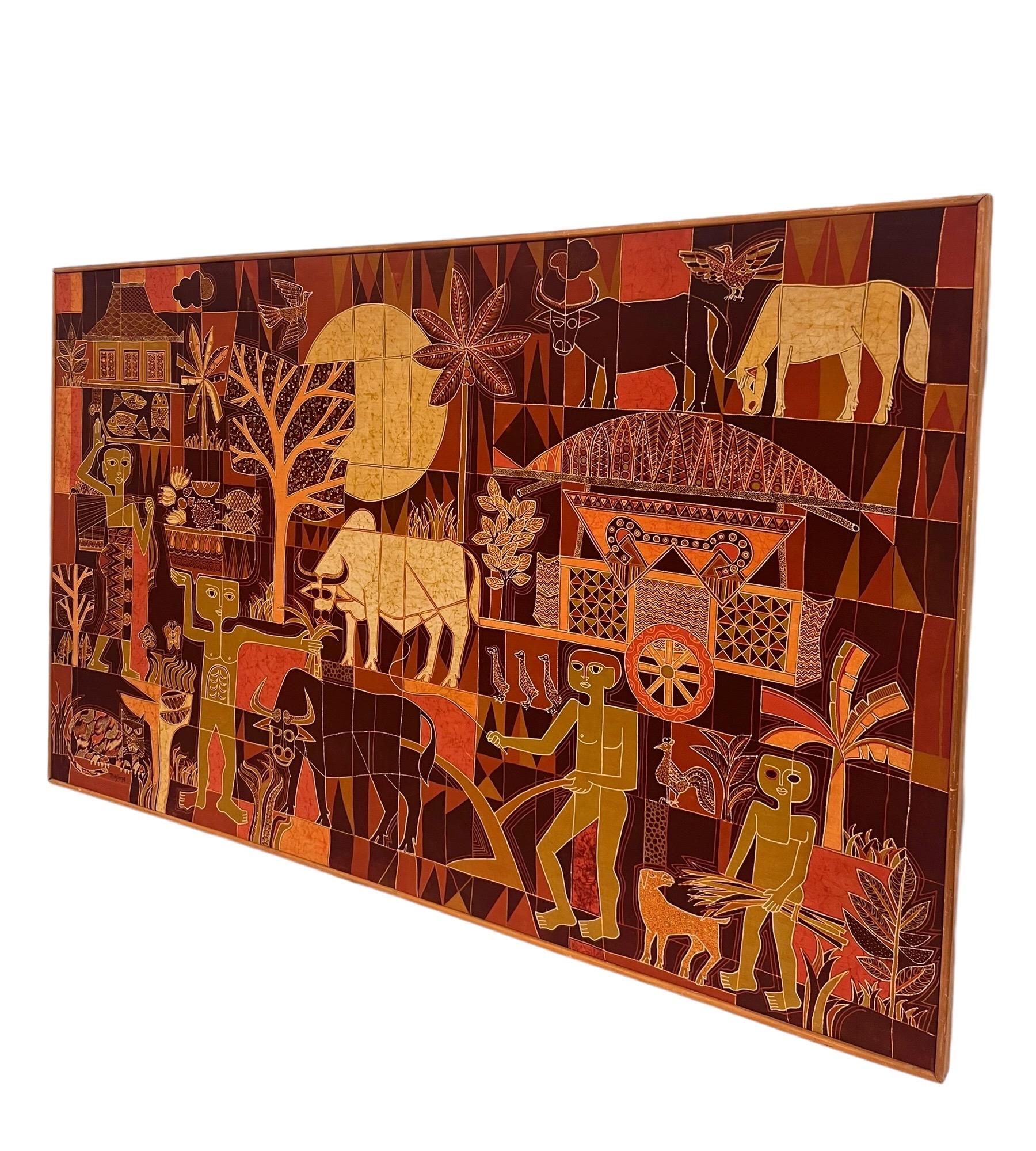  Vintage African Folk Art Batik Fabric Painting Art with Mid Century Modern Influence and wooden outer Framing. In good vintage condition and no tears in fabric.

Batik is one of many methodologies of fabric art in long and rich textile tradition.