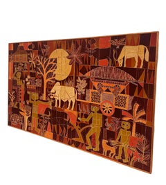 Grande peinture d'art populaire tribal vintage en tissu batik avec art moderne du milieu du siècle dernier