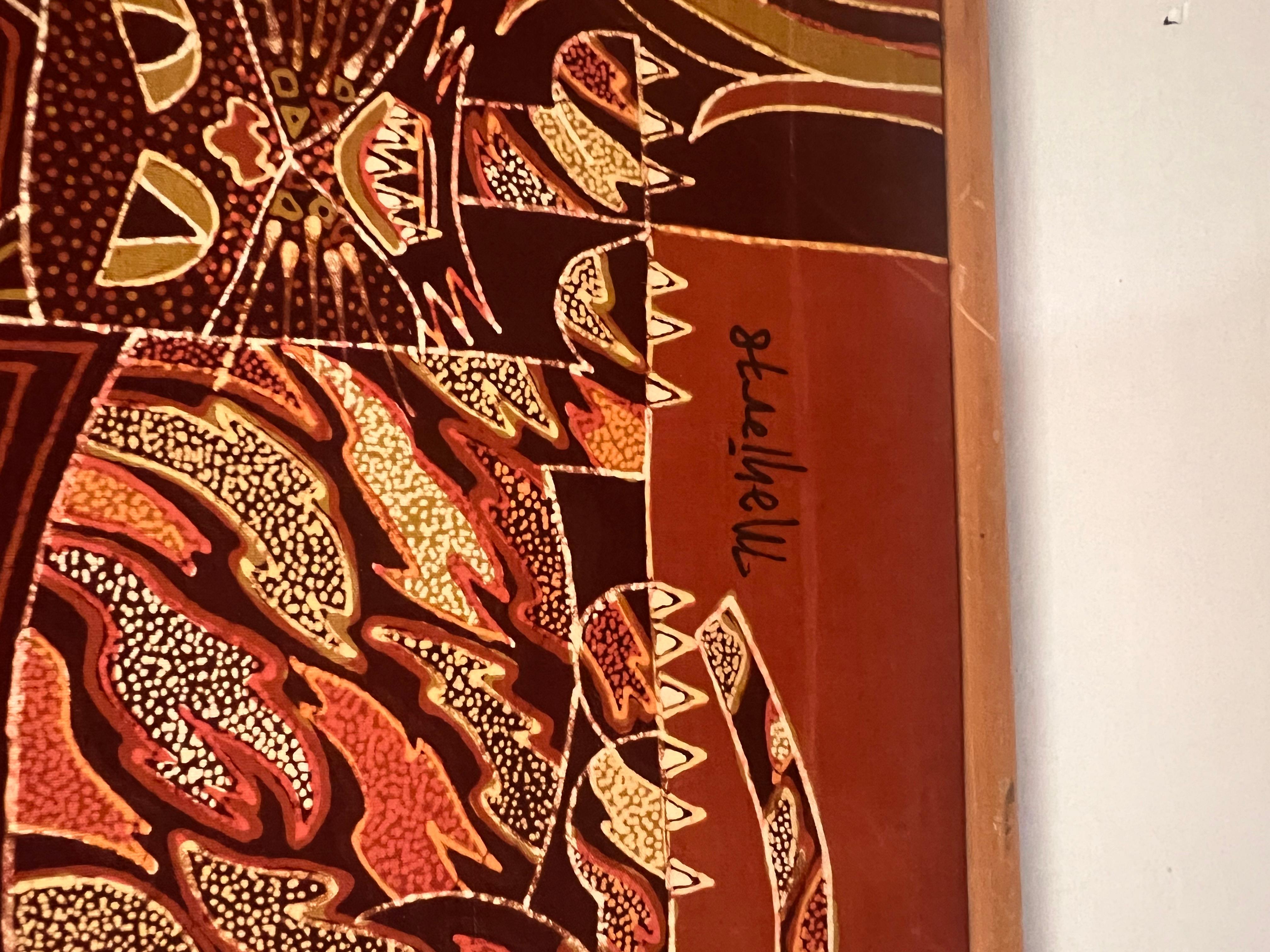 Large Vintage Tribal Folk Art Batik Fabric Painting Art with Mid Century Modern In Good Condition For Sale In Seattle, WA
