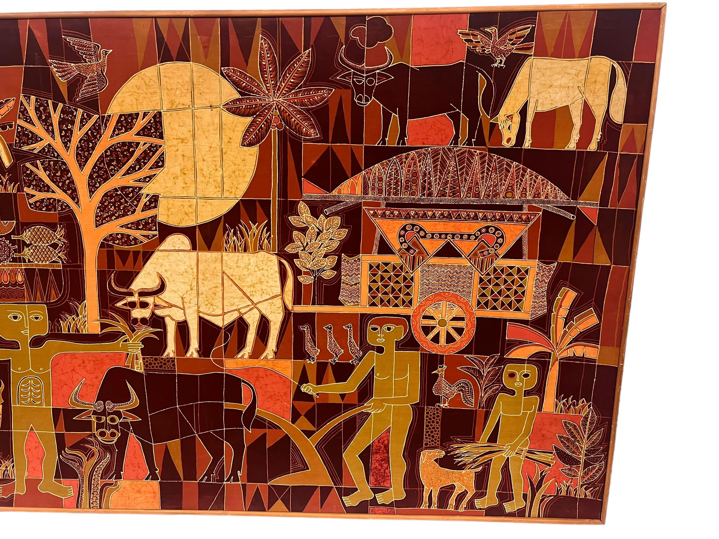 Late 20th Century Large Vintage Tribal Folk Art Batik Fabric Painting Art with Mid Century Modern For Sale