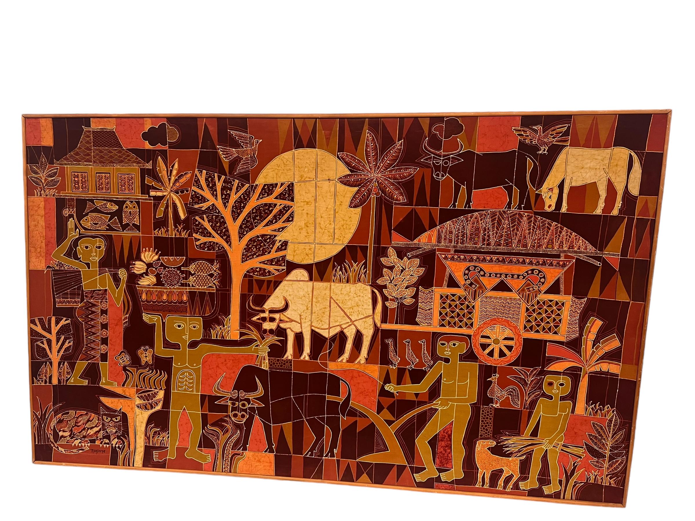 Textile Large Vintage Tribal Folk Art Batik Fabric Painting Art with Mid Century Modern For Sale