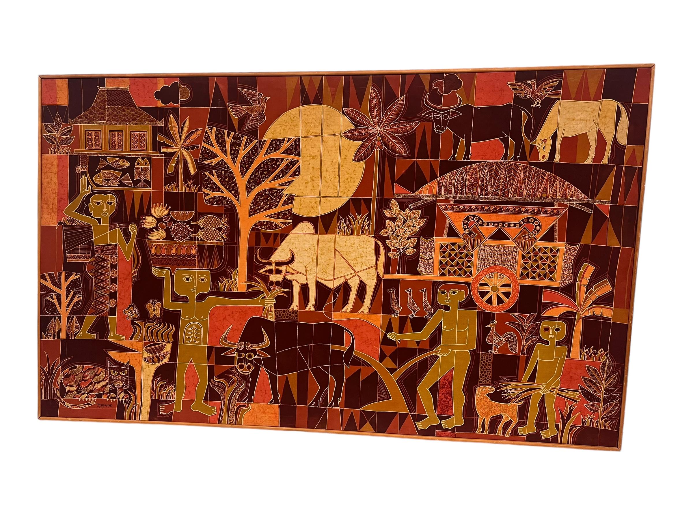 Large Vintage Tribal Folk Art Batik Fabric Painting Art with Mid Century Modern For Sale 1
