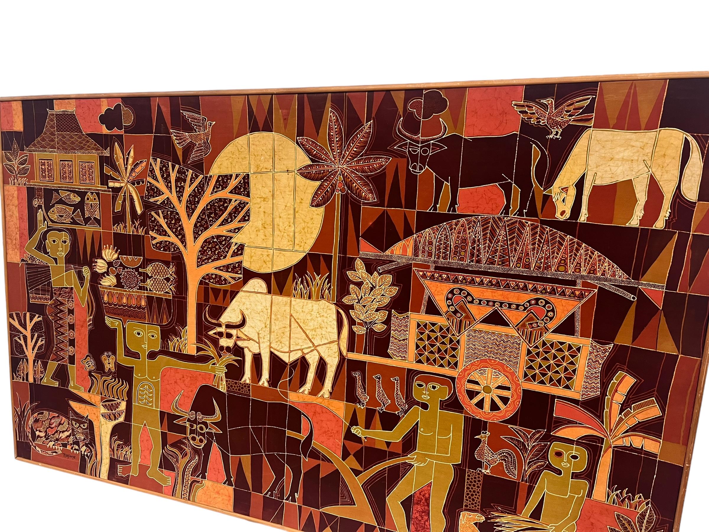 Large Vintage Tribal Folk Art Batik Fabric Painting Art with Mid Century Modern For Sale 2