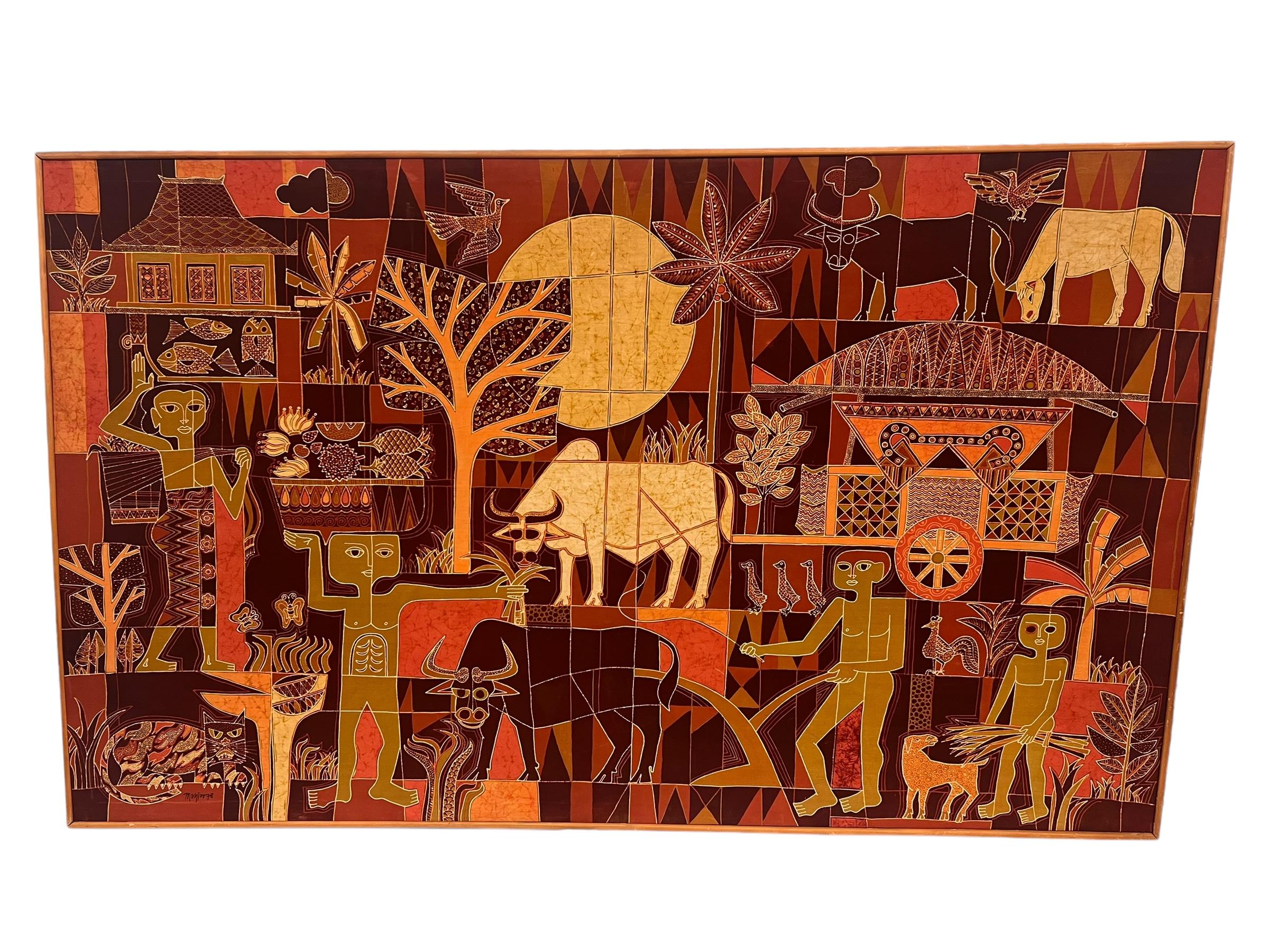 Large Vintage Tribal Folk Art Batik Fabric Painting Art with Mid Century Modern For Sale 3
