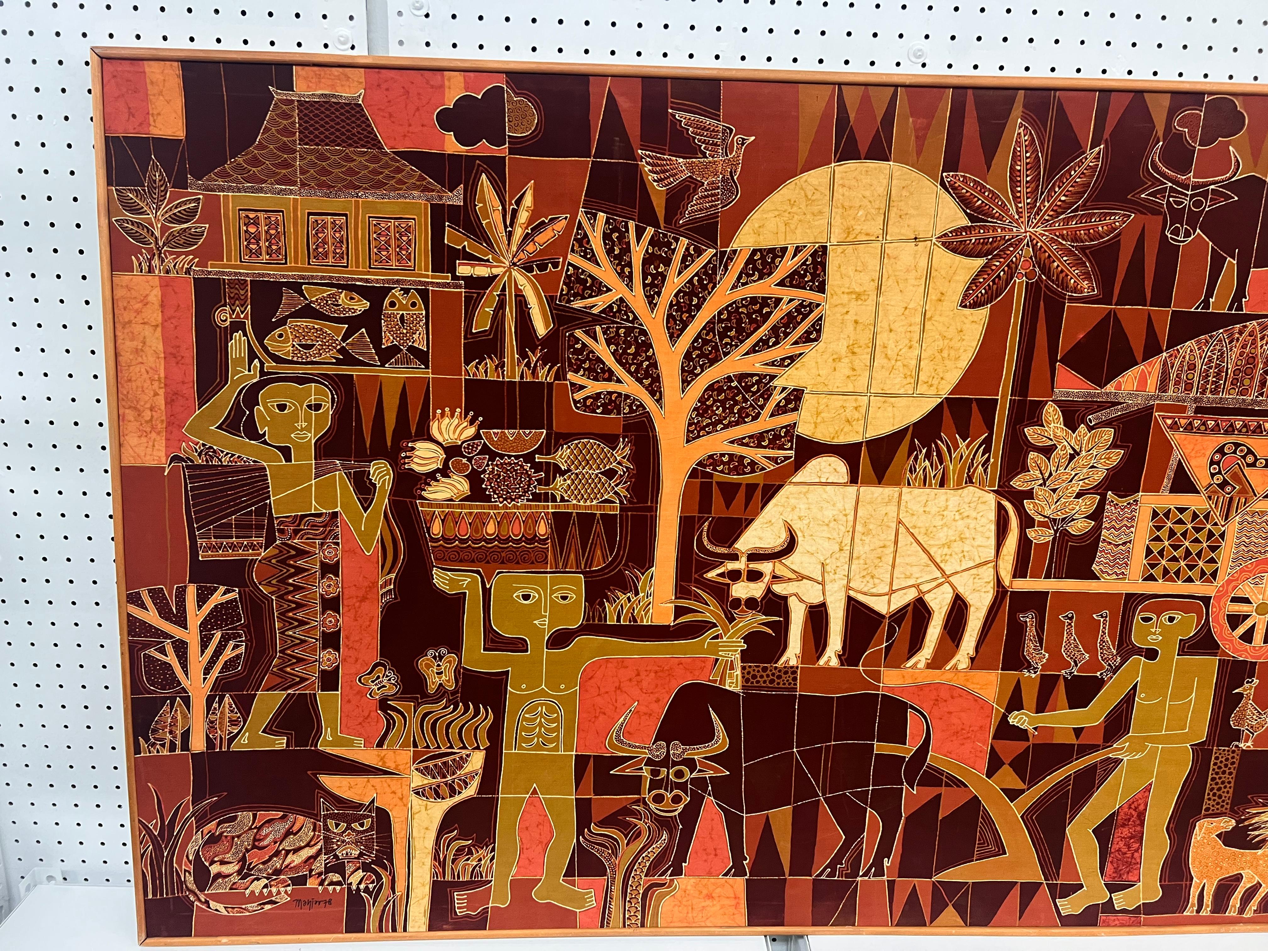 Large Vintage Tribal Folk Art Batik Fabric Painting Art with Mid Century Modern For Sale 4