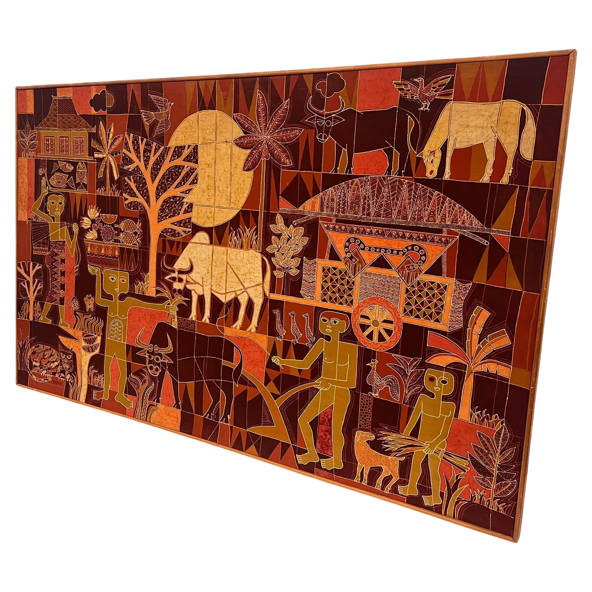 Large Vintage Tribal Folk Art Batik Fabric Painting Art with Mid Century Modern