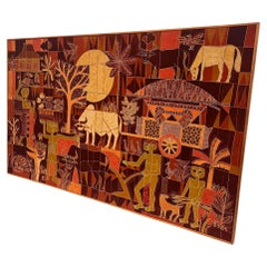 Große Vintage Stammeskunst-Batik-Stoff-Gemälde-Kunst mit Mid-Century Modern