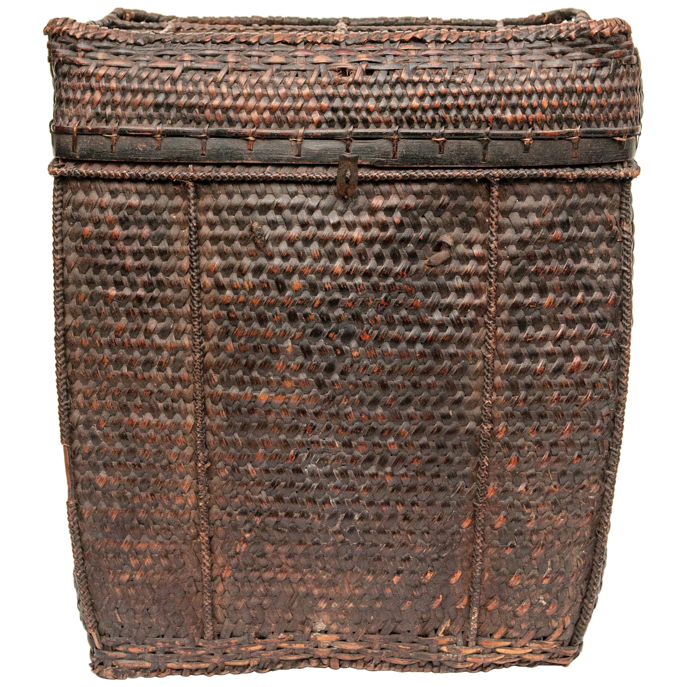 Large Vintage Tribal Storage Basket with Lid from Bhutan, Mid-Late 20th Century