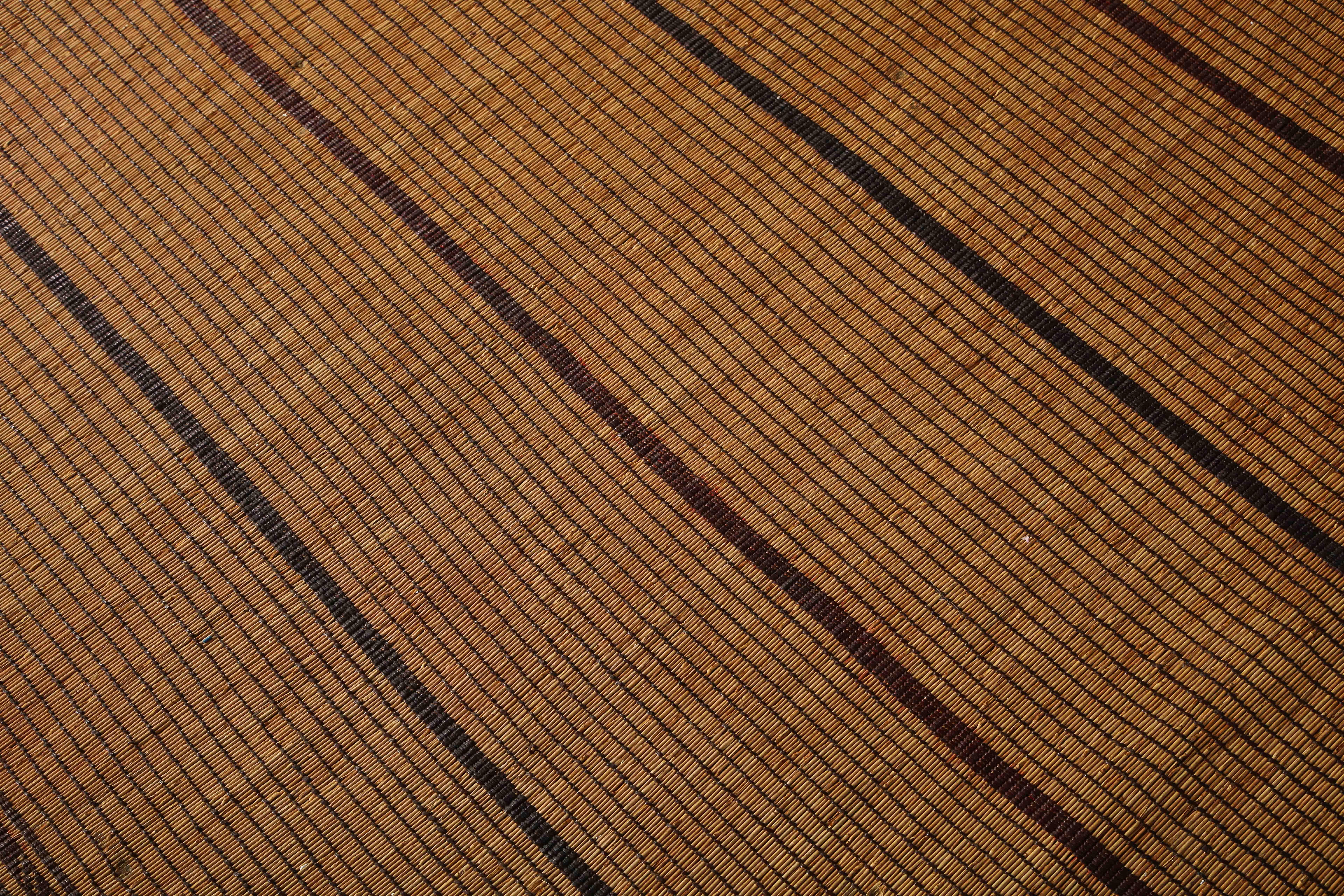 Mauritanian Large Vintage Tuareg Reed and Brown Leather Striped Rug, North Africa, 1960s