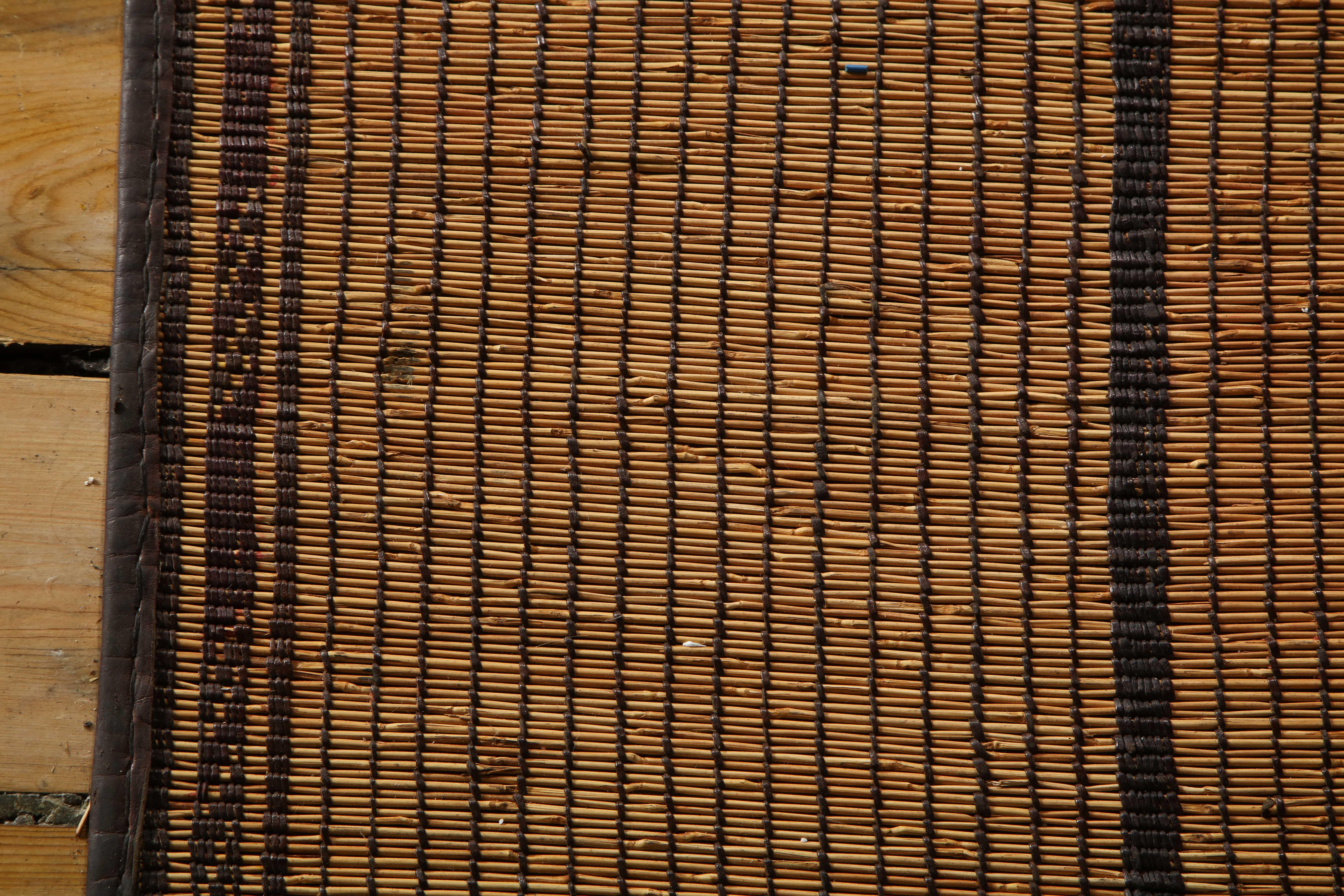 Hand-Woven Large Vintage Tuareg Reed and Brown Leather Striped Rug, North Africa, 1960s
