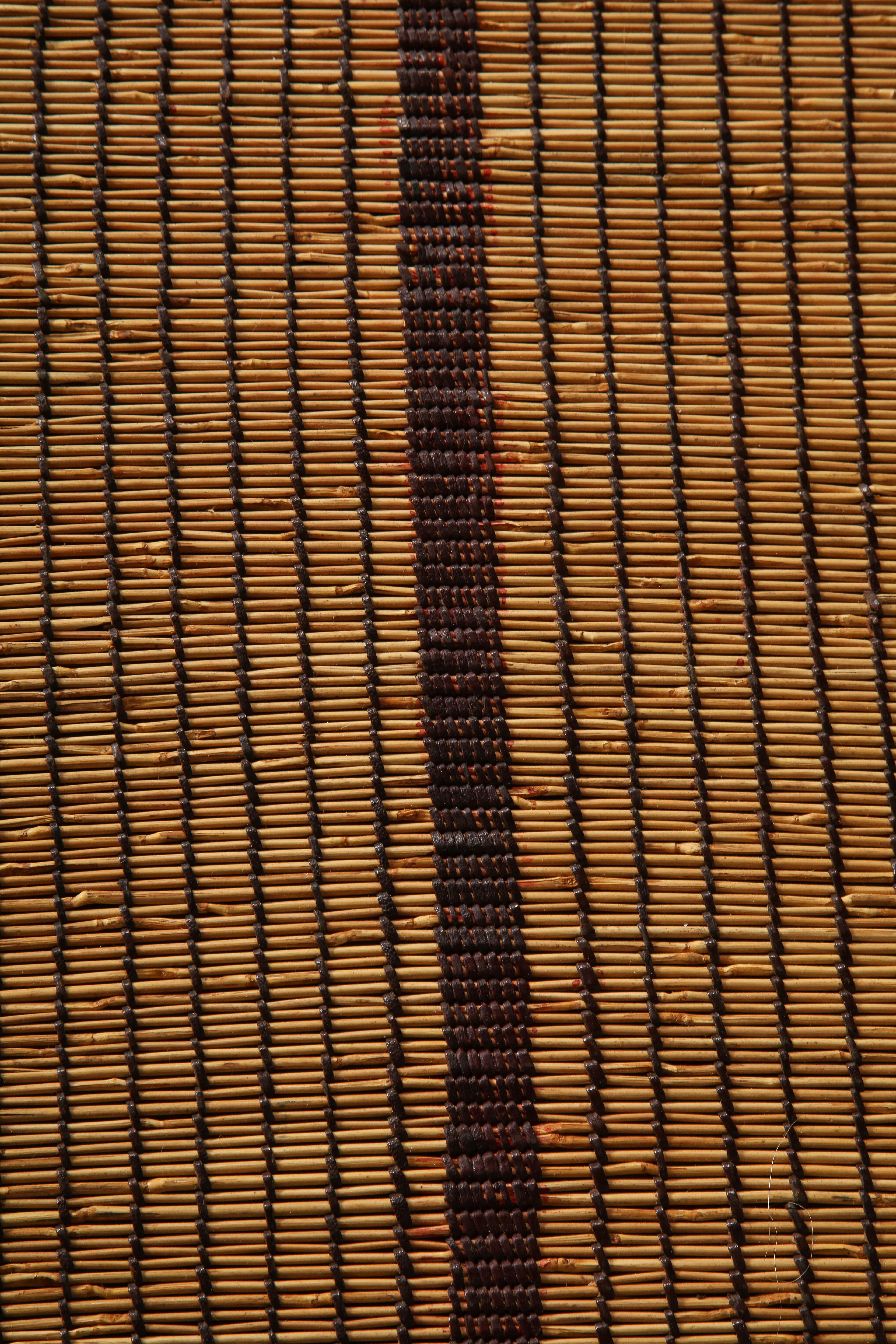 20th Century Large Vintage Tuareg Reed and Brown Leather Striped Rug, North Africa, 1960s