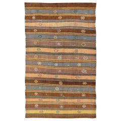 Large Vintage Turkish Embroidered Kilim with Stripes and Geometric Motifs