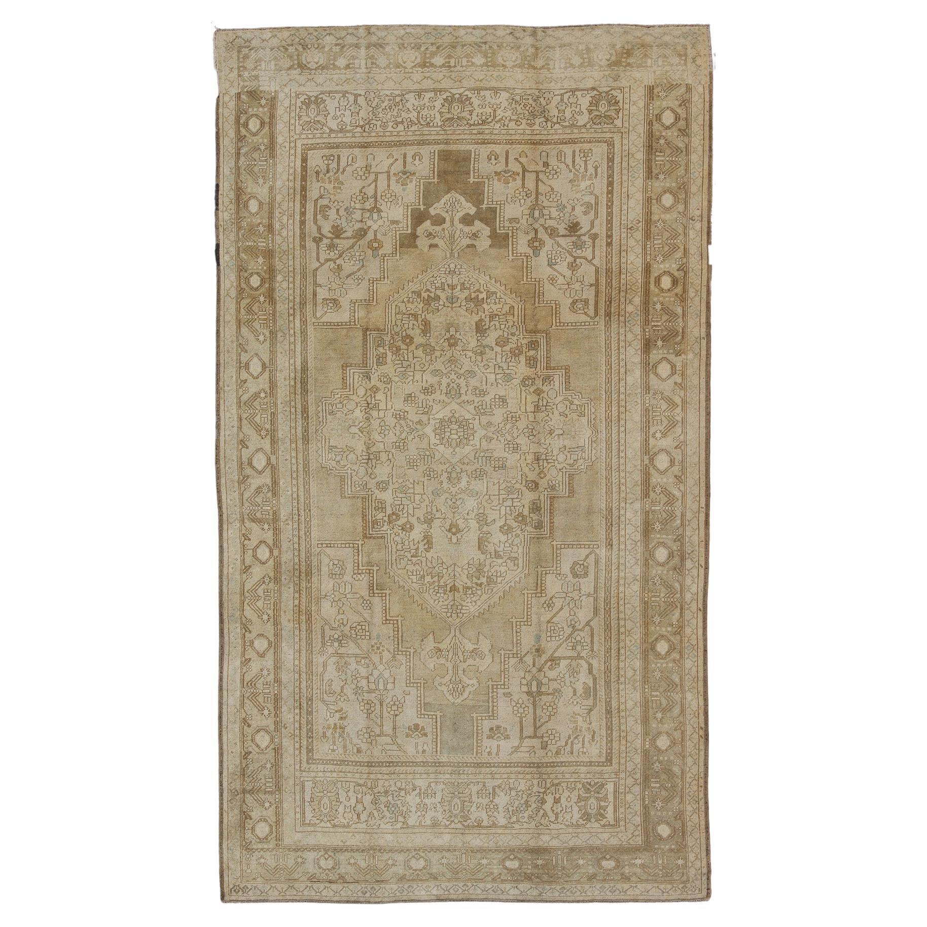 Large Vintage Turkish Floral Medallion Oushak Rug in All Neutral Palette 