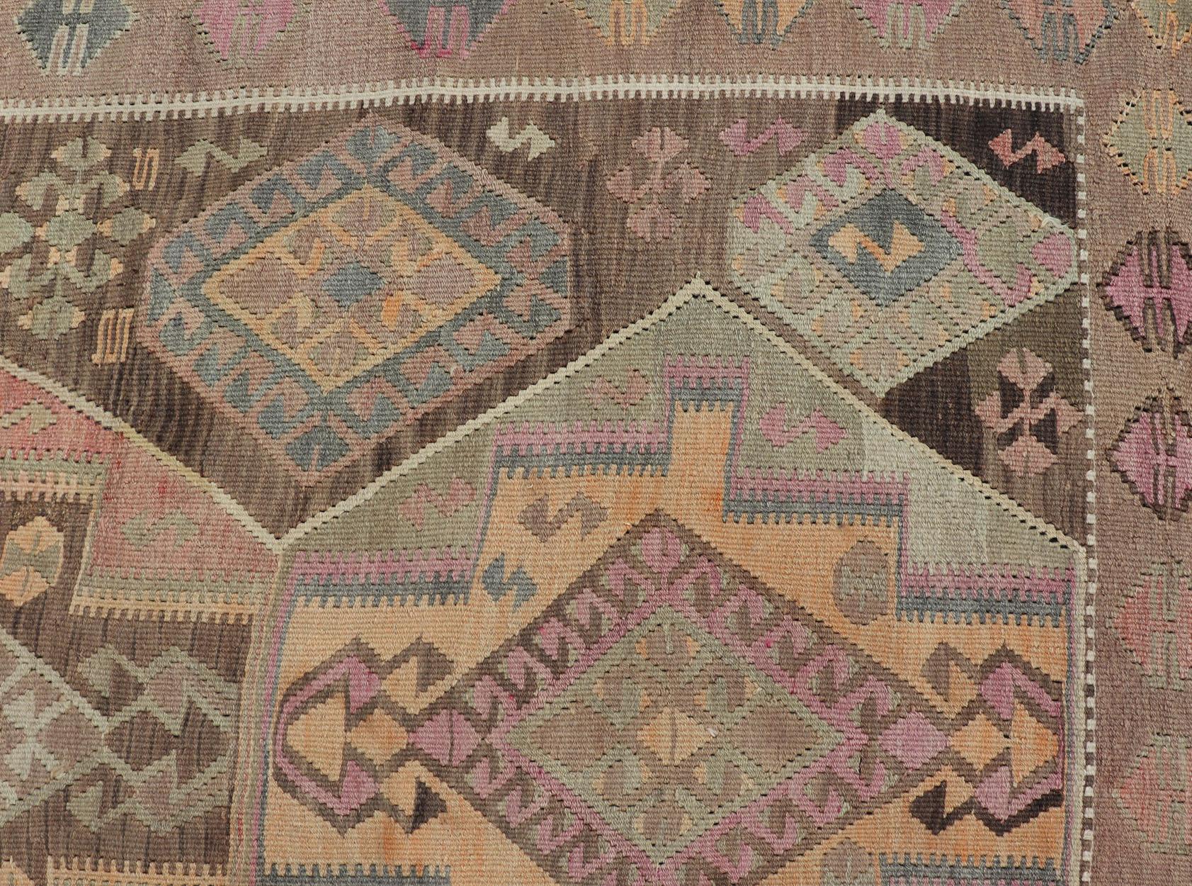 20th Century Large Vintage Turkish Kars Kilim with Multi Layered Diamond in Geometric Design For Sale