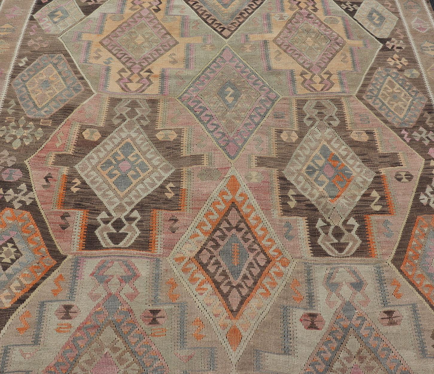 Large Vintage Turkish Kars Kilim with Multi Layered Diamond in Geometric Design For Sale 2