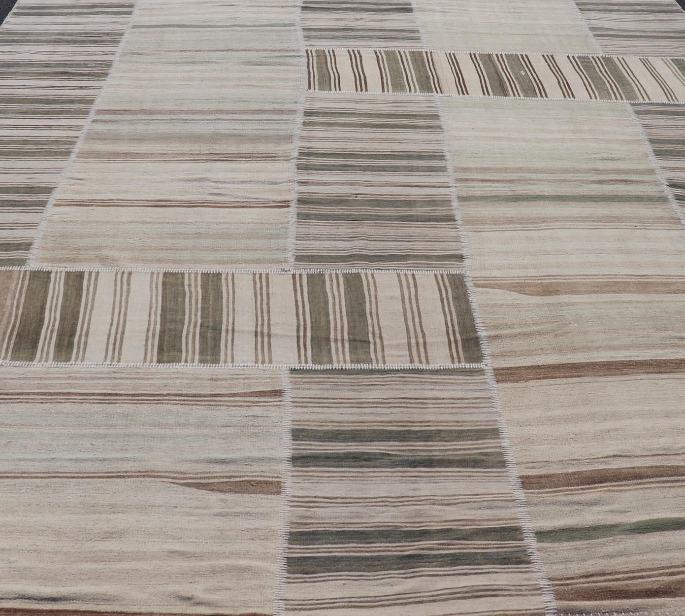 Large Vintage Turkish Kilim Rug -Earthy Tones and Striped Design 12' x 15'2 For Sale 5
