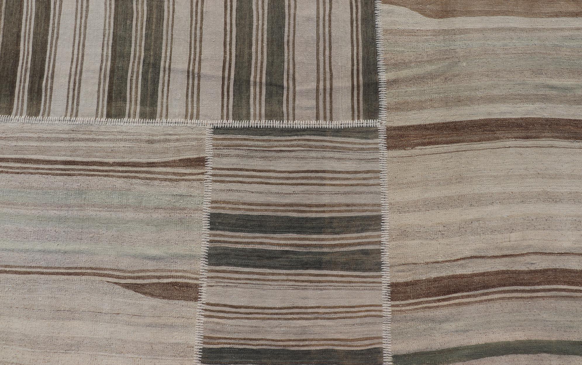 Large Vintage Turkish paneled Kilim Rug With Earthy Tones and Striped Design 

Measures: 12'0 x 15'2 

Large Vintage Turkish Kilim Rug -Earthy Tones and Striped Patchwork Design Keivan Woven Arts / Rug / EN-15518 Country of origin / type: Turkey /
