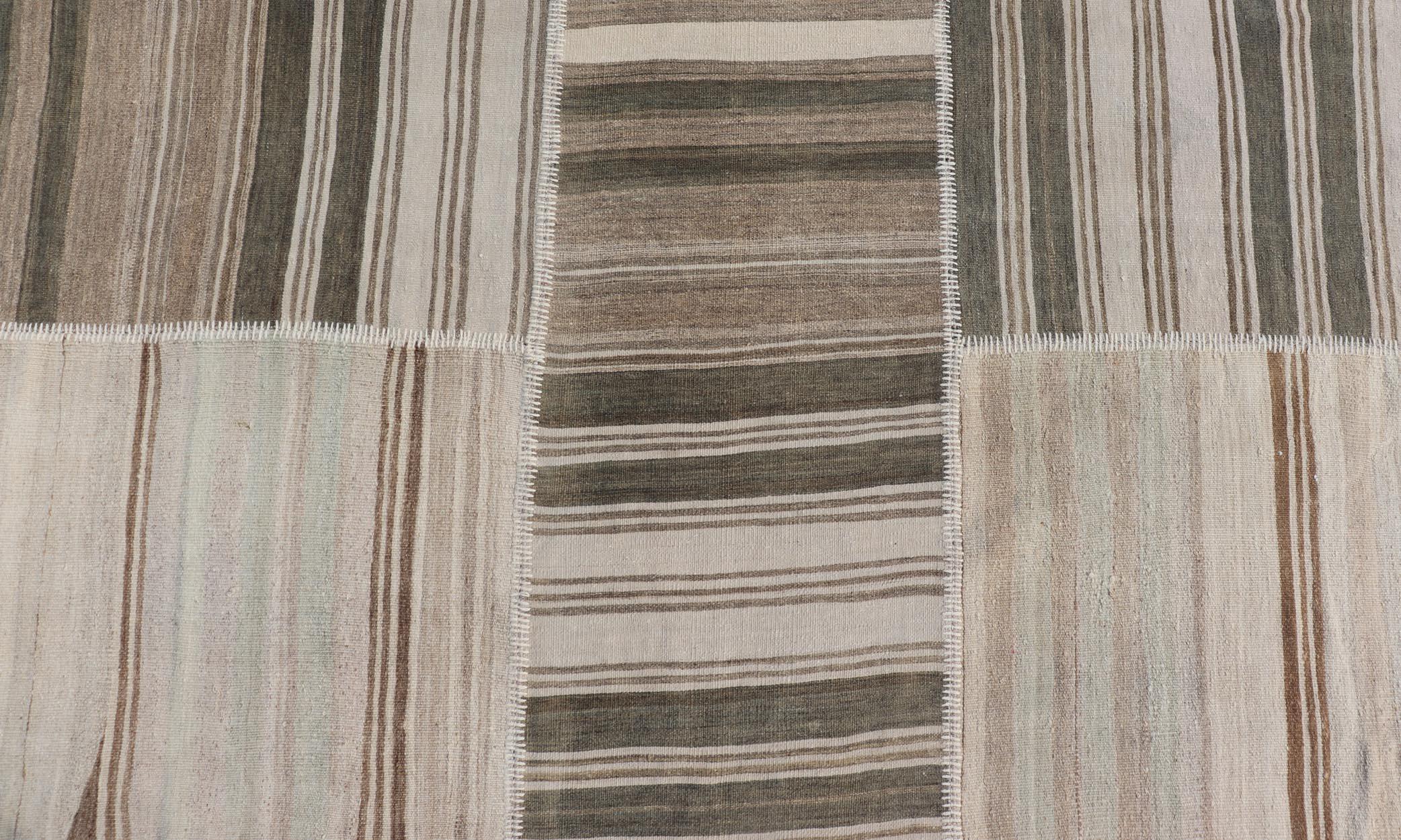 Hand-Woven Large Vintage Turkish Kilim Rug -Earthy Tones and Striped Design 12' x 15'2 For Sale