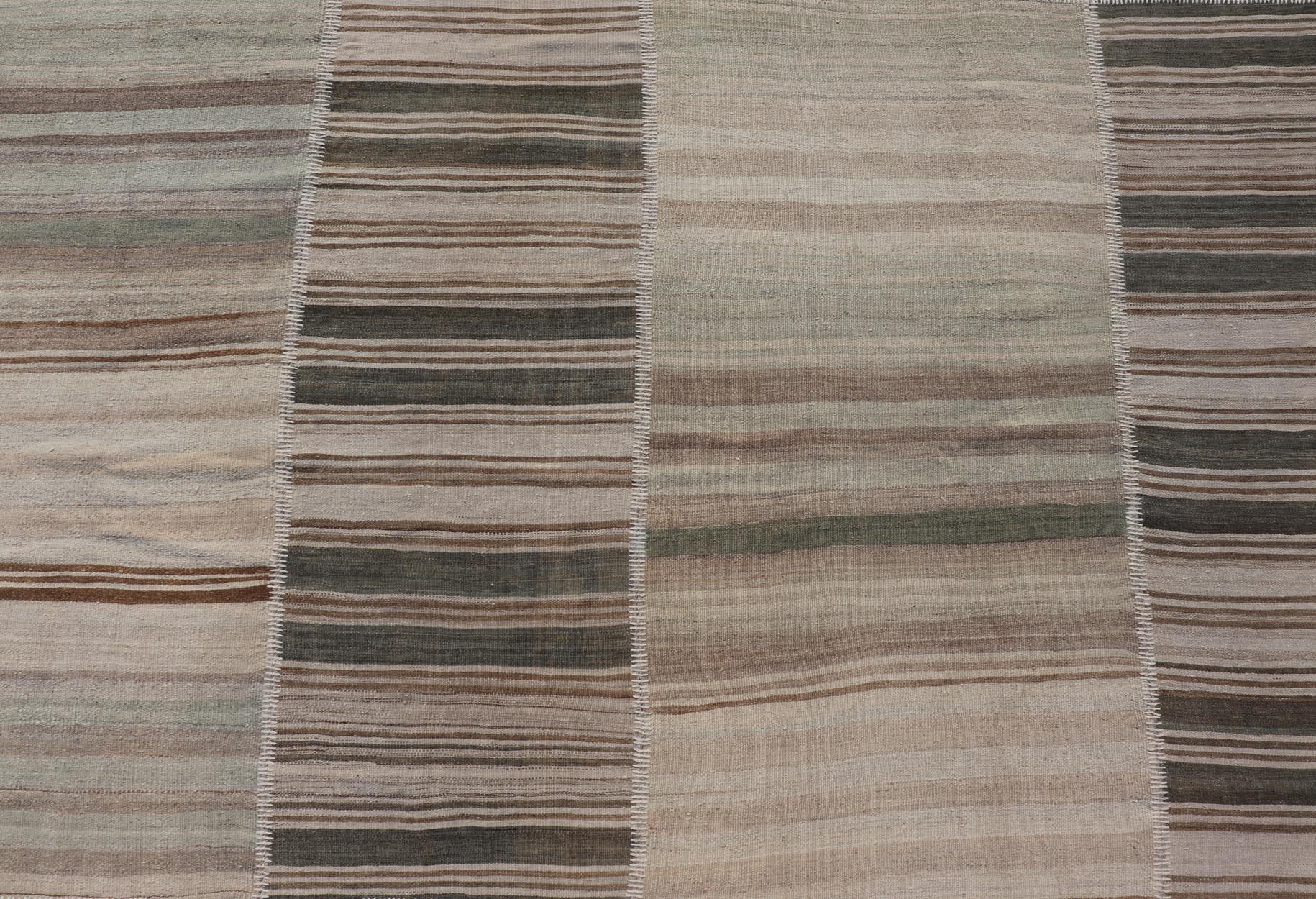 20th Century Large Vintage Turkish Kilim Rug -Earthy Tones and Striped Design 12' x 15'2 For Sale