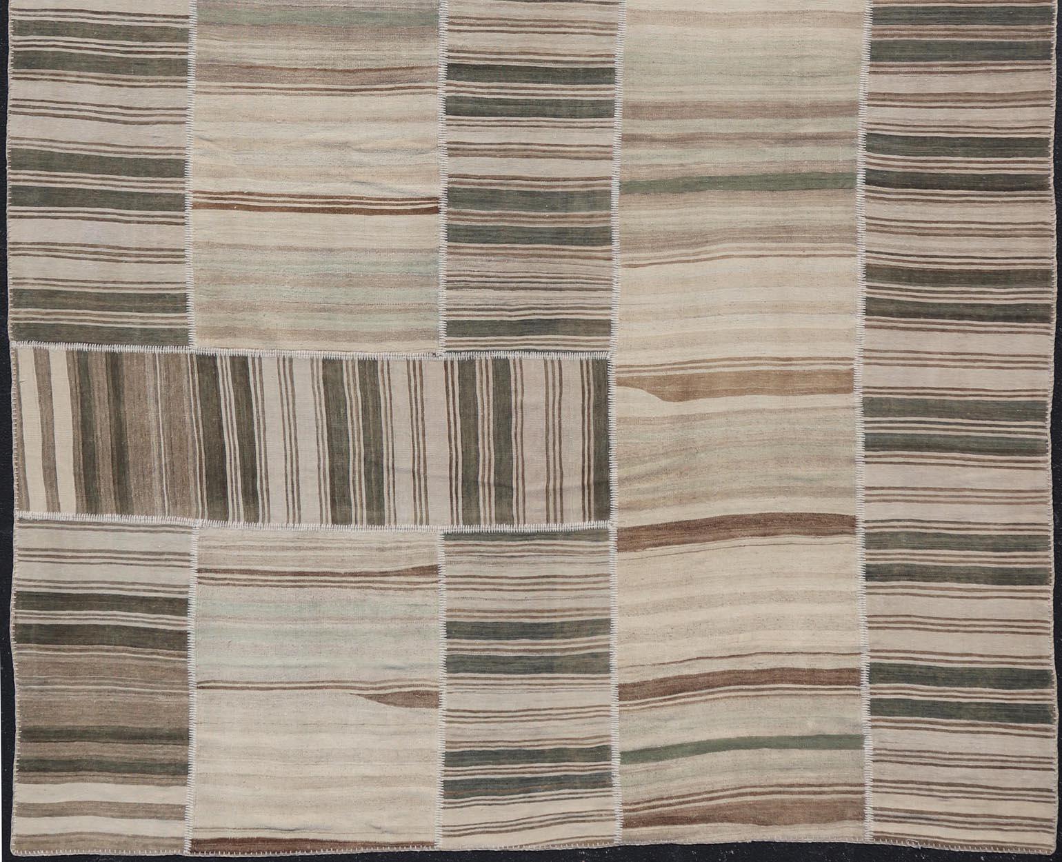 Large Vintage Turkish Kilim Rug -Earthy Tones and Striped Design 12' x 15'2 For Sale 2