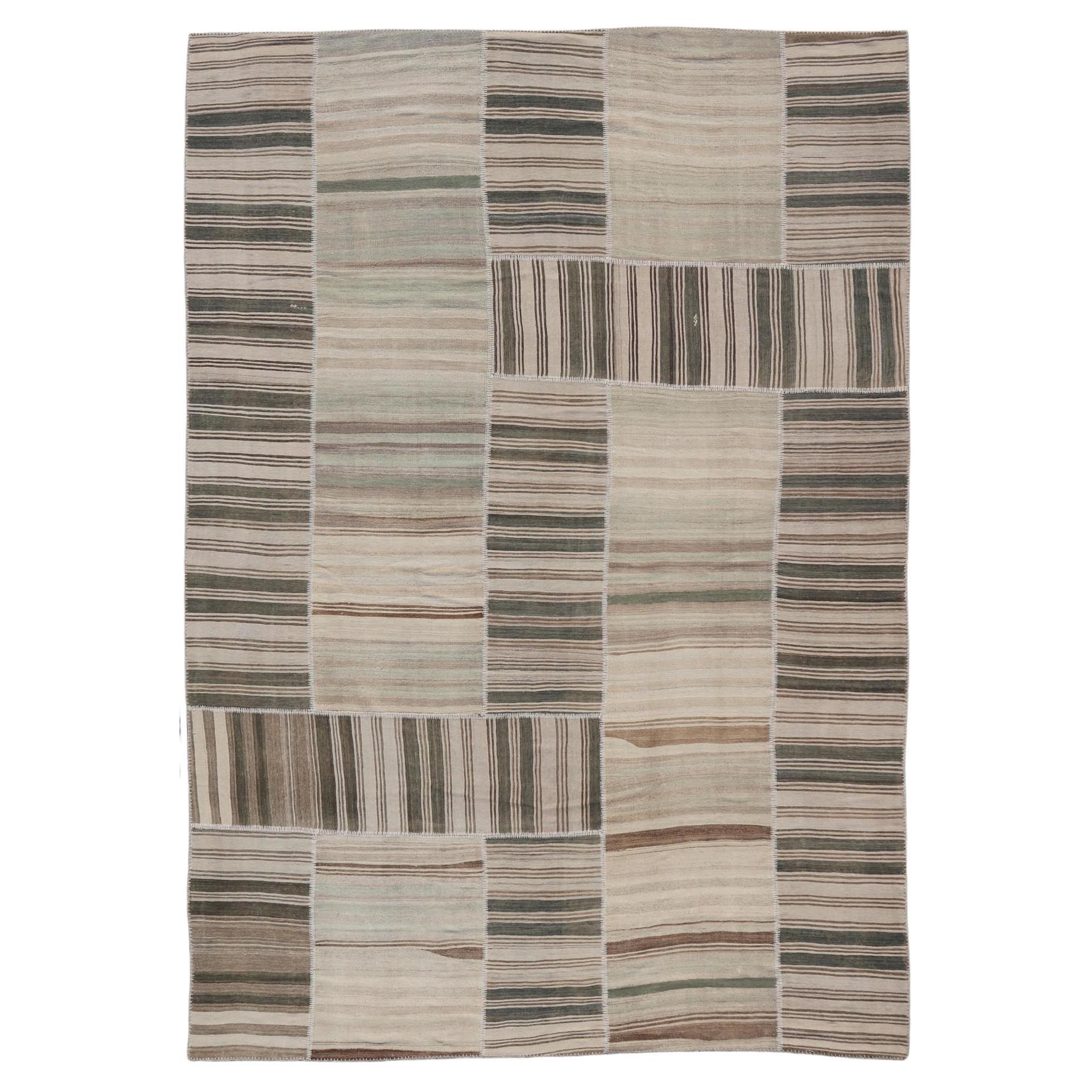 Large Vintage Turkish Kilim Rug -Earthy Tones and Striped Design 12' x 15'2 For Sale