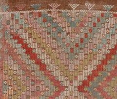 Large Vintage Turkish Kilim Rug with Coral, Gold, Sage Diamond Pattern