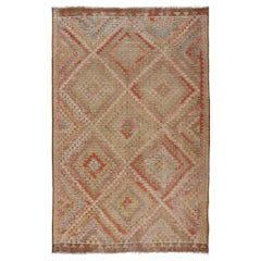 Large Vintage Turkish Kilim Rug with Coral, Gold, Sage Diamond Pattern