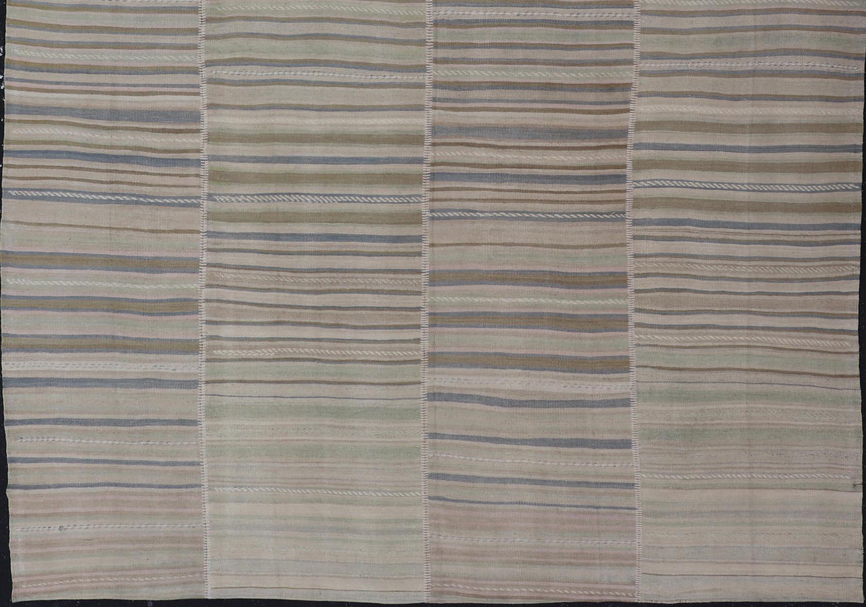 Grand tapis turc vintage Kilim à rayures pastel 9'0 x 12'9 en vente 1