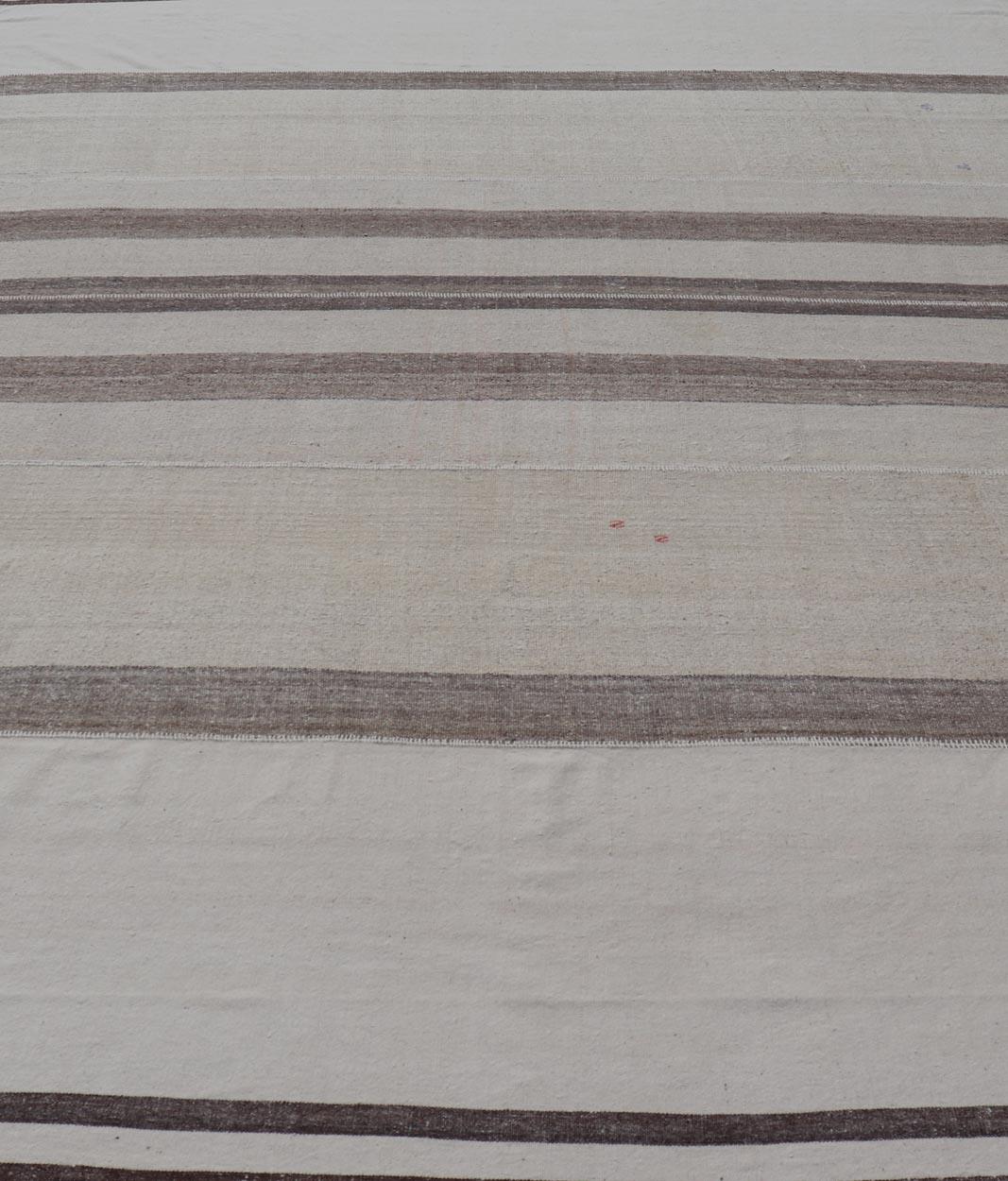 Large Vintage Turkish Kilim Rug with Stripes in Brown, White and Cream For Sale 4