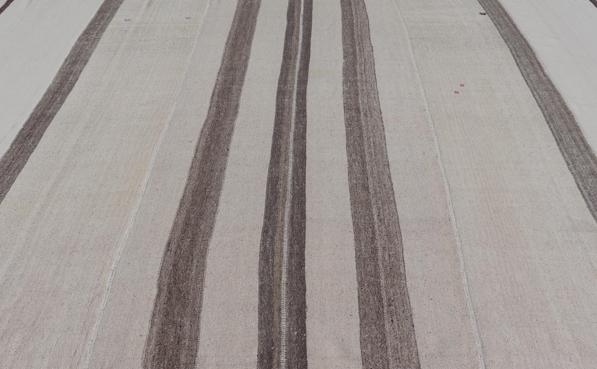 Large Vintage Turkish Kilim Rug with Stripes in Brown, White and Cream For Sale 6