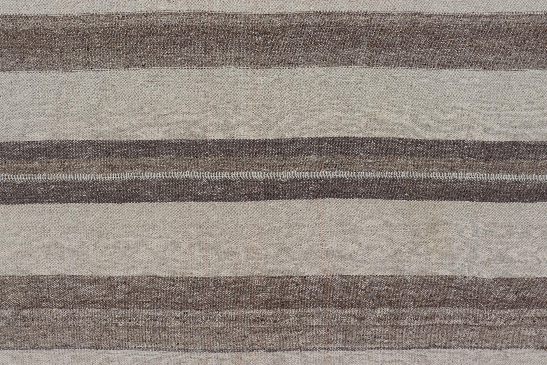 Large Vintage Turkish Kilim Rug with Stripes in Brown, White and Cream For Sale 11
