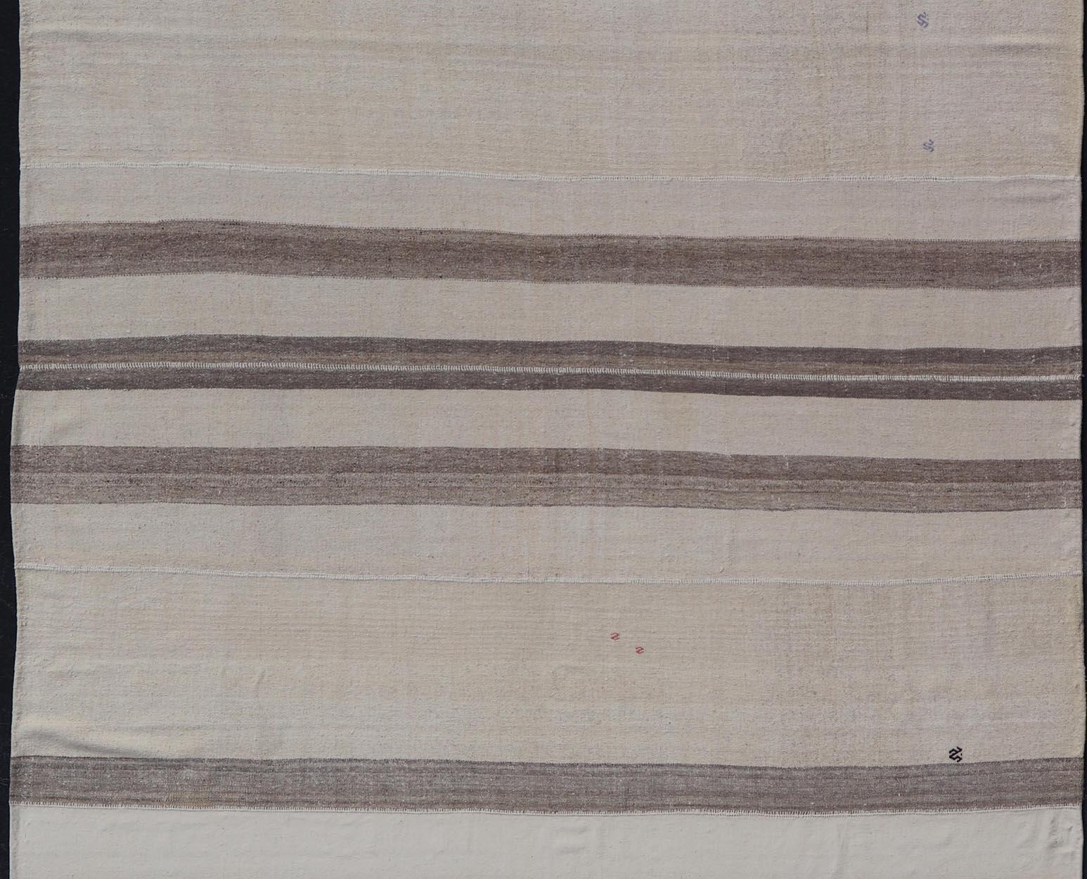 Hand-Knotted Large Vintage Turkish Kilim Rug with Stripes in Brown, White and Cream For Sale