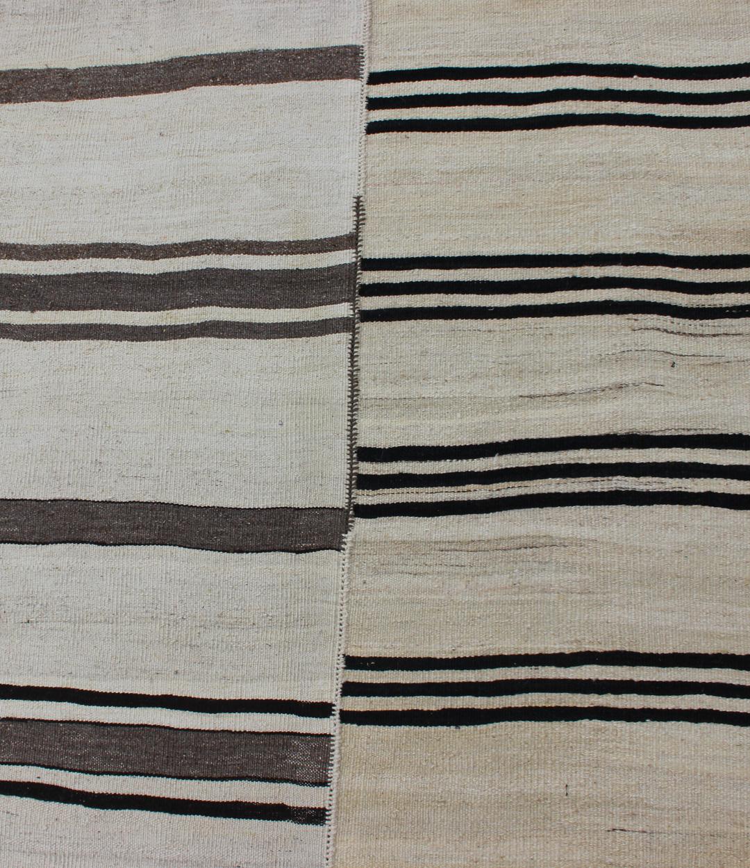 Large Vintage Turkish Kilim Rug with Stripes in Cream and Brown Stripes For Sale 1