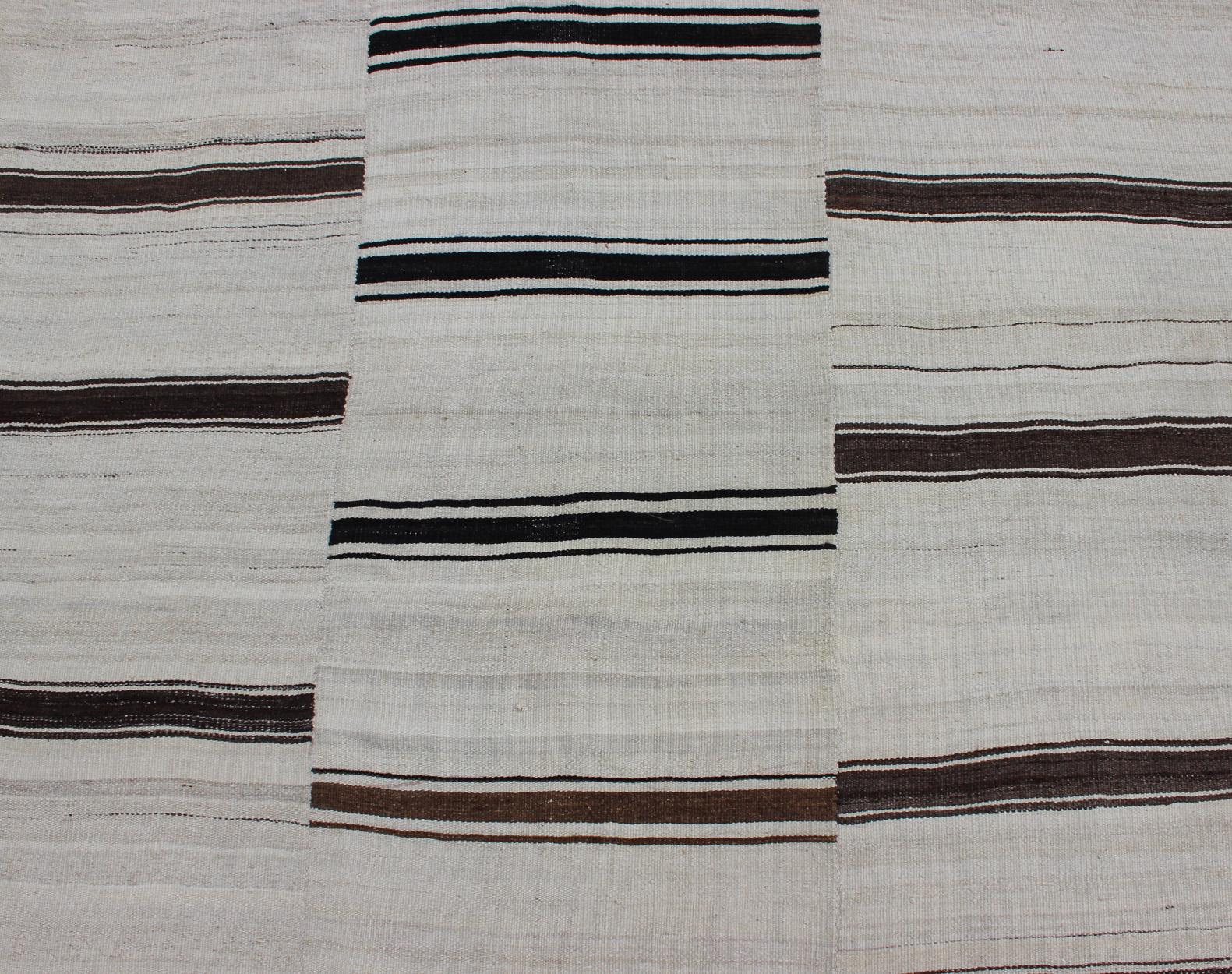 Large Vintage Turkish Kilim Rug With Vertical Stripes in Cream and Brown Stripes For Sale 4