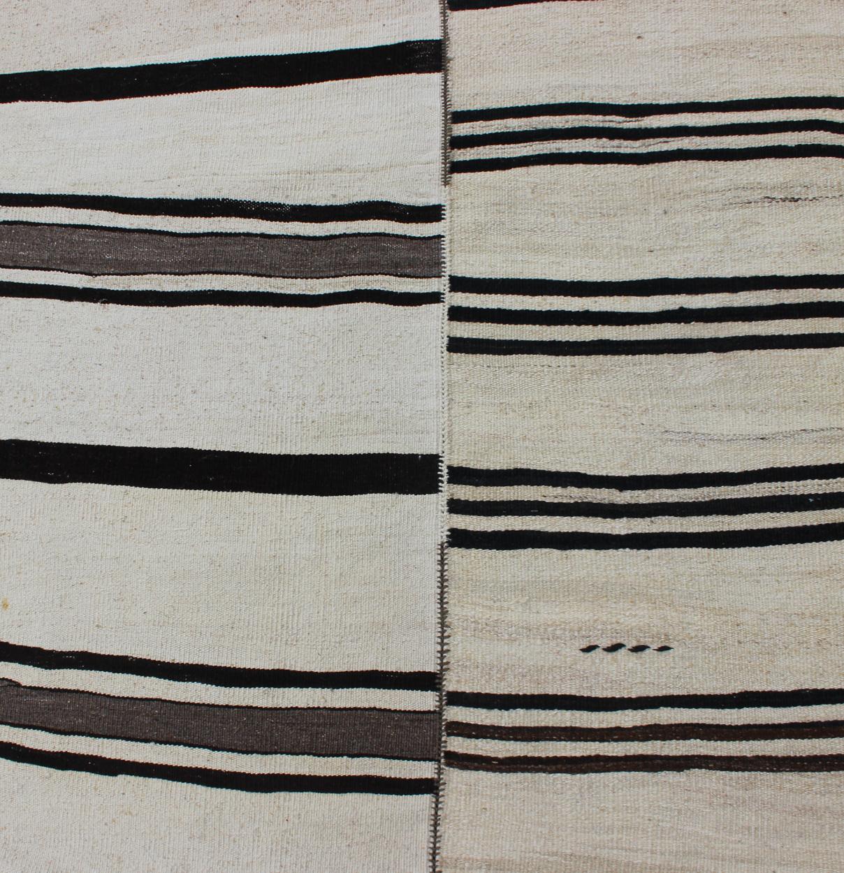 Large Vintage Turkish Kilim Rug with Stripes in Cream and Brown Stripes For Sale 2