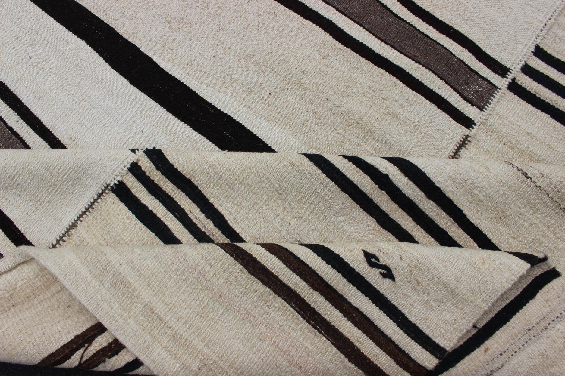 Large Vintage Turkish Kilim Rug with Stripes in Cream and Brown Stripes For Sale 3