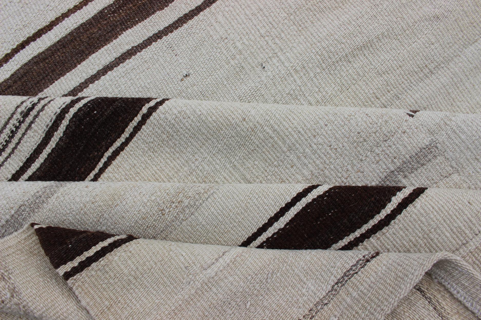 Large Vintage Turkish Kilim Rug With Vertical Stripes in Cream and Brown Stripes For Sale 6