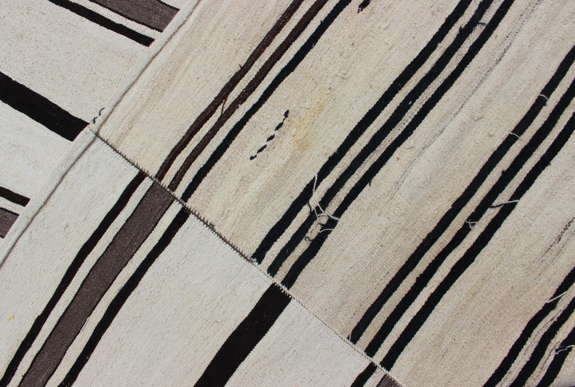 Large Vintage Turkish Kilim Rug with Stripes in Cream and Brown Stripes For Sale 4