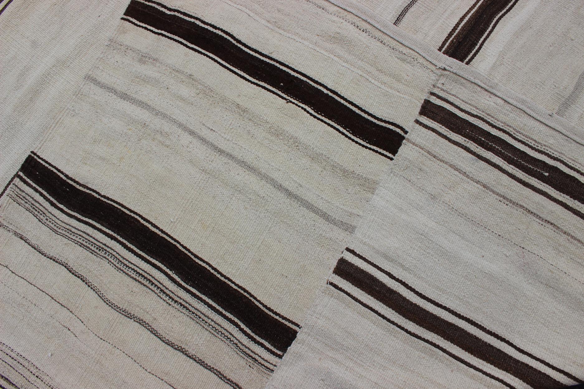 Large Vintage Turkish Kilim Rug With Vertical Stripes in Cream and Brown Stripes For Sale 7