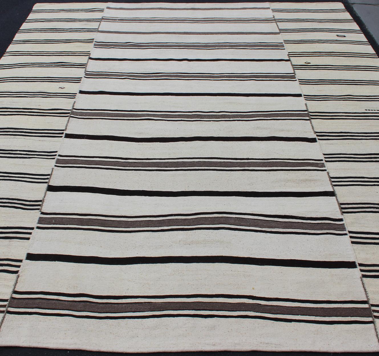Hand-Woven Large Vintage Turkish Kilim Rug with Stripes in Cream and Brown Stripes For Sale