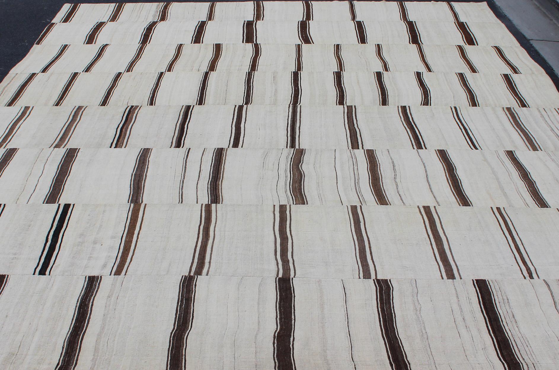 Wool Large Vintage Turkish Kilim Rug With Vertical Stripes in Cream and Brown Stripes For Sale