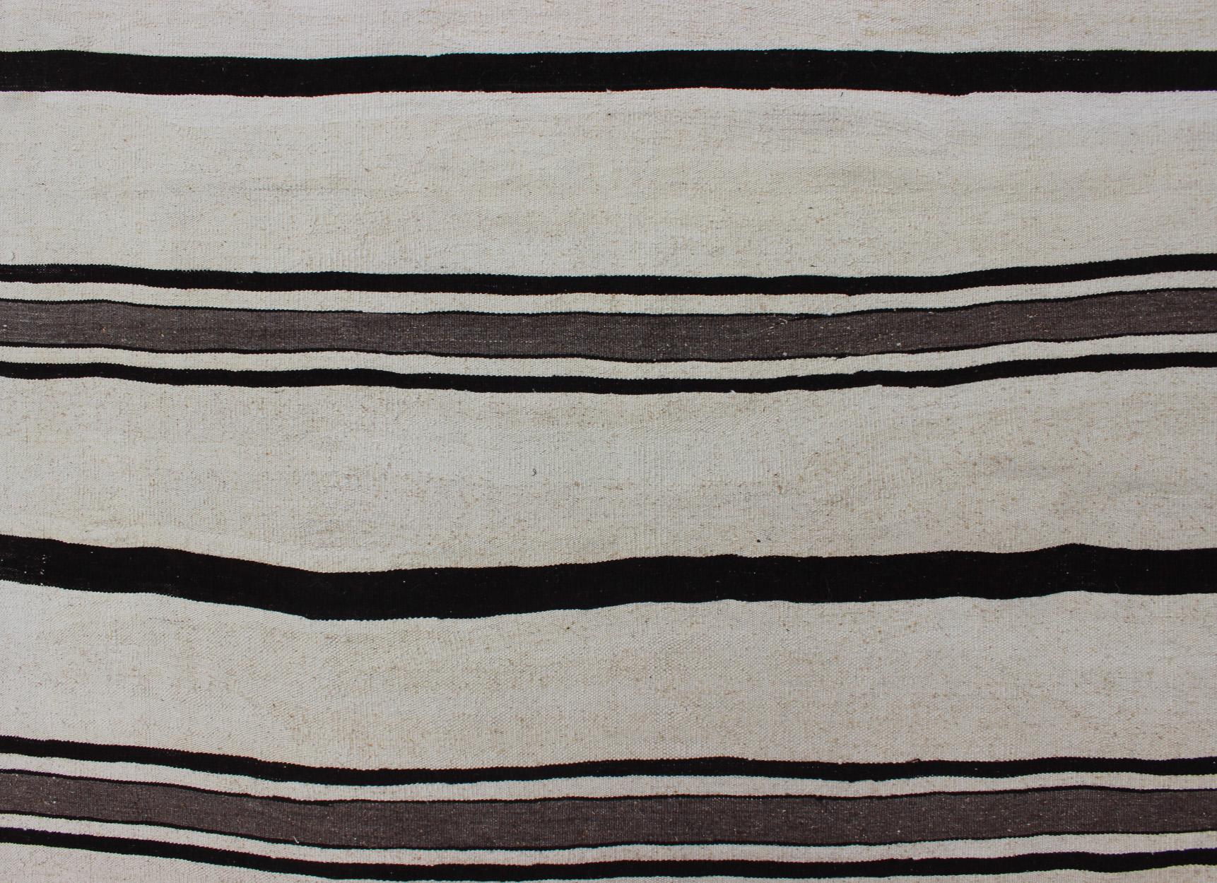 20th Century Large Vintage Turkish Kilim Rug with Stripes in Cream and Brown Stripes For Sale